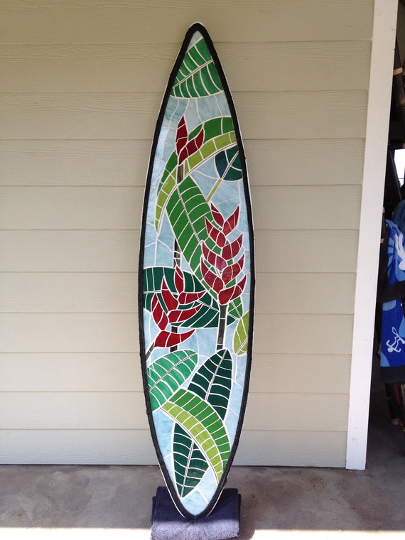 Tropical Hawaiian surfboard with stained glass mosaic design