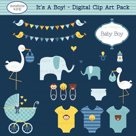 INSTANT DOWNLOAD - It's a Boy Baby Shower Digital Clip Art for scrapbooking, cards, stationary, invitations, and all paper crafts Il_570xn