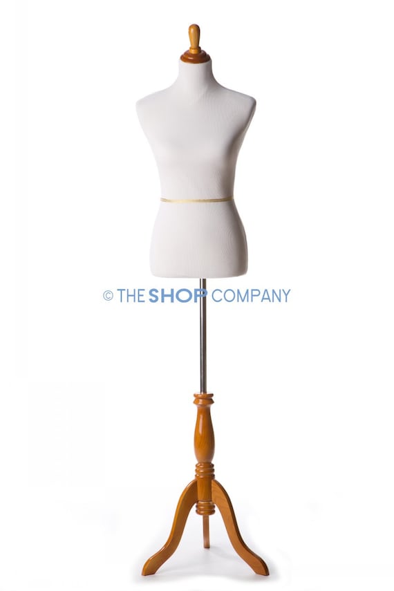 New White Female Dress Form Mannequin  Size 6-8 On Natural Wood Tripod Stand