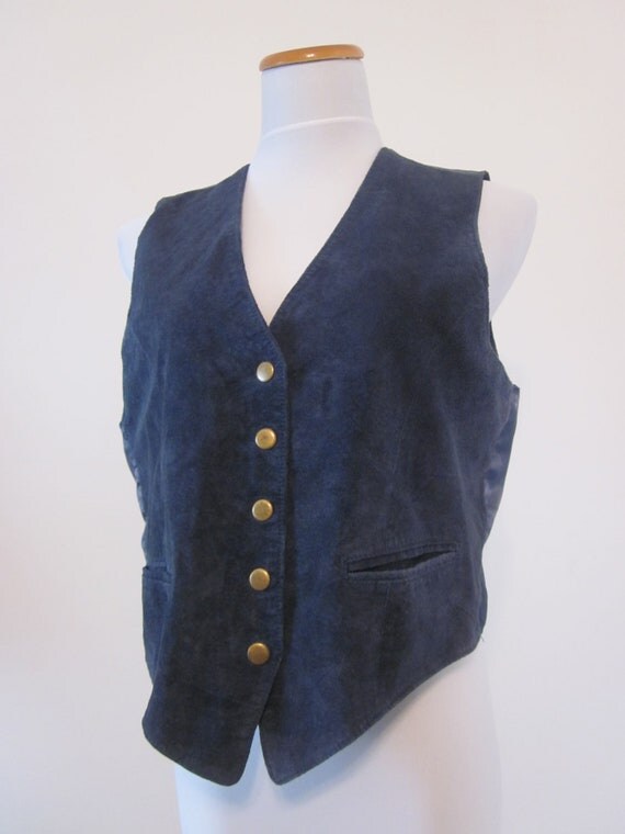 Vintage Suede Vest Navy Blue Genuine Leather Vest Womens Size