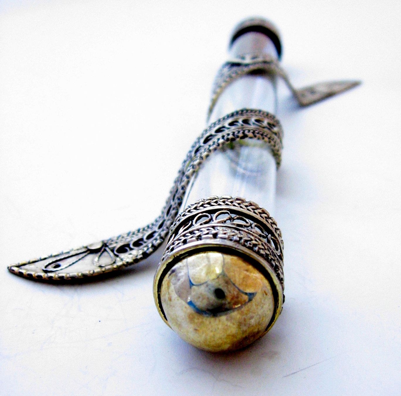 Glass Mezuzah wrapped with Fine Silver Yemen Filigree style