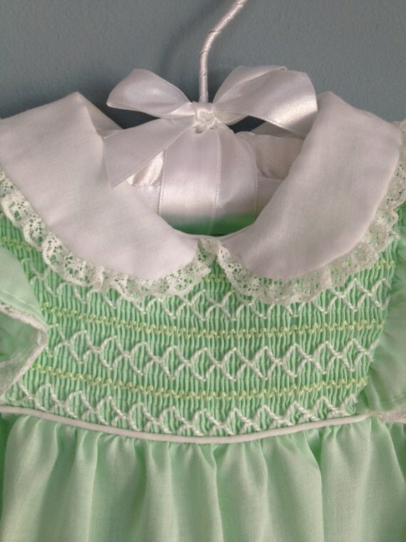 Vintage Baby Girl Smocked Mint Green Dress with Lace Collar
