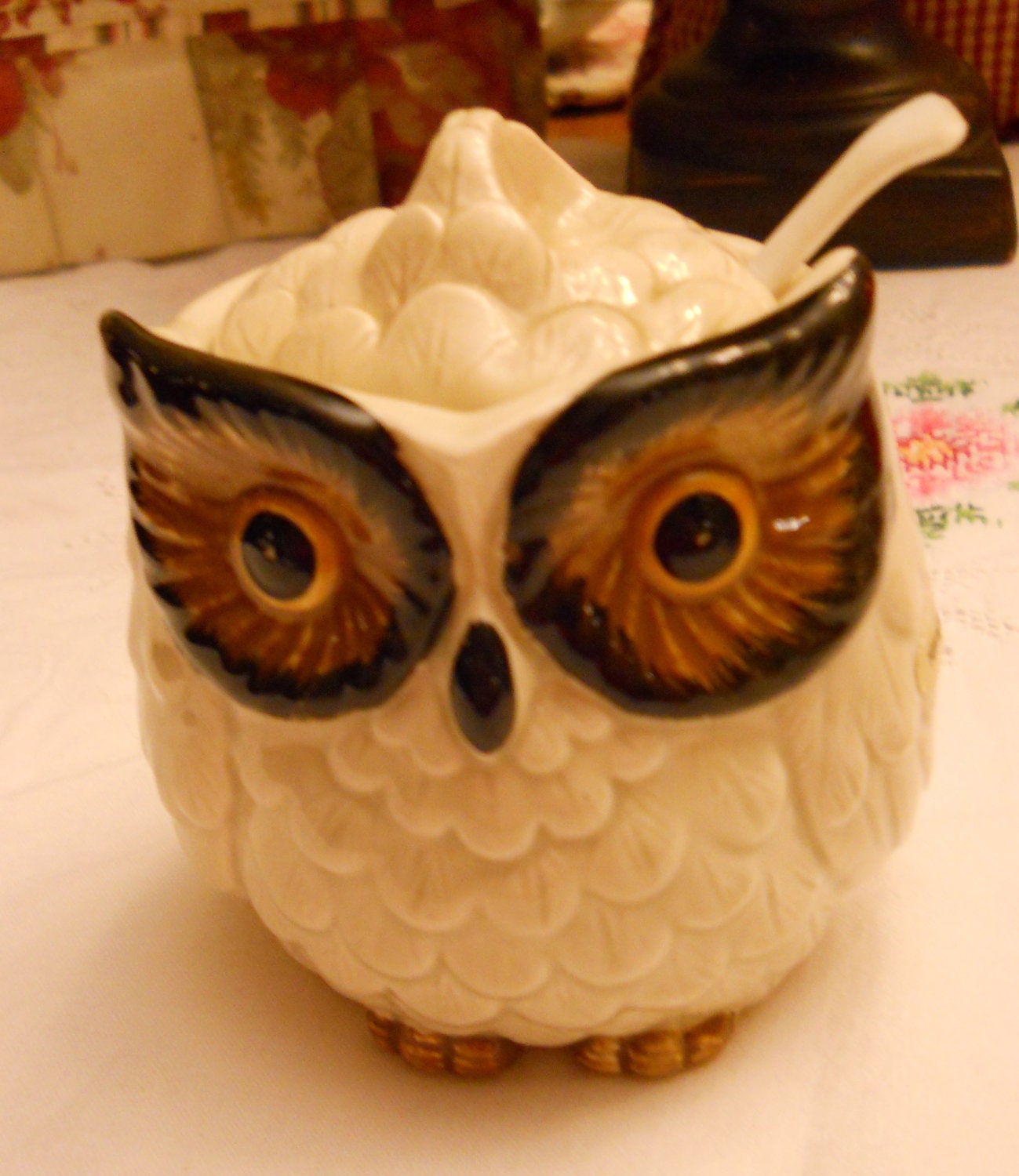 Vintage Ceramic Owl Sugar Bowl with Spoon Made In by DoodahsAttic