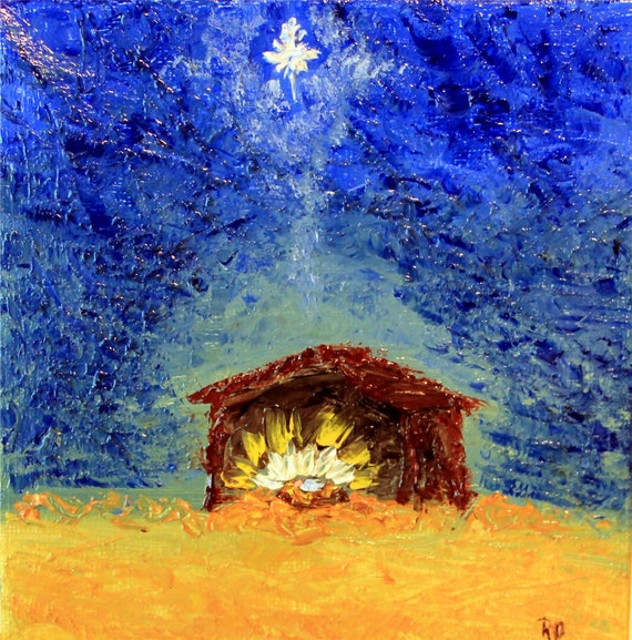 Star over Manger Nativity 5x5 original oil on canvas by ItsArtsy
