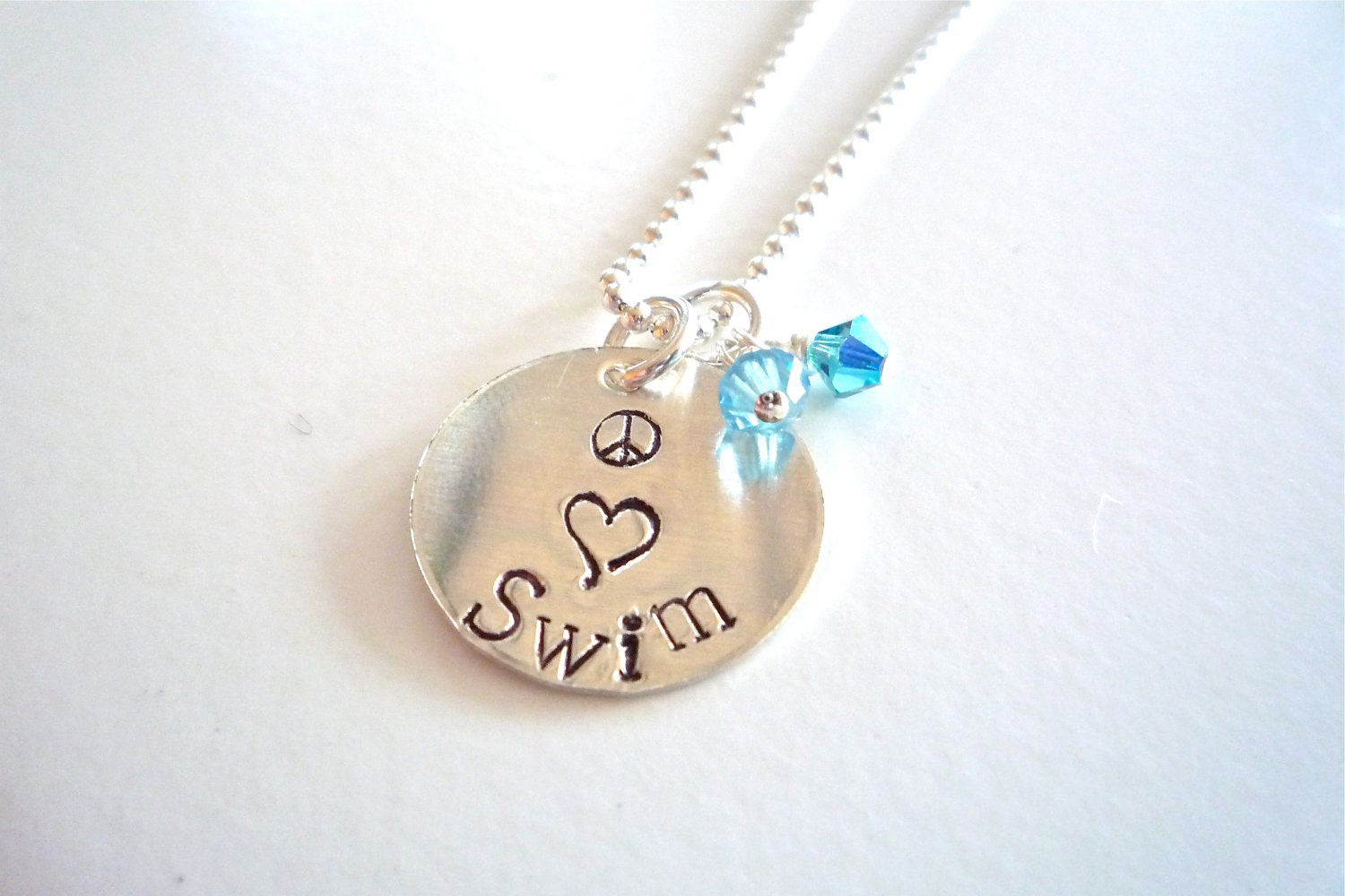Swim Necklace Swim Jewelry Peace Love Swim Hand Stamped