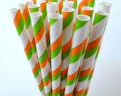 Orange Paper Straws, 25 Striped ORANGE and GREEN Paper Straws, Cake Pops, ORANGE and Green Tailgates, Carnival Party Il_170x135