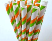 Orange Paper Straws, 75 Striped ORANGE and GREEN Paper Straws, Cake Pops, Miami Tailgates, Carnival Party, Diy Flags Il_170x135