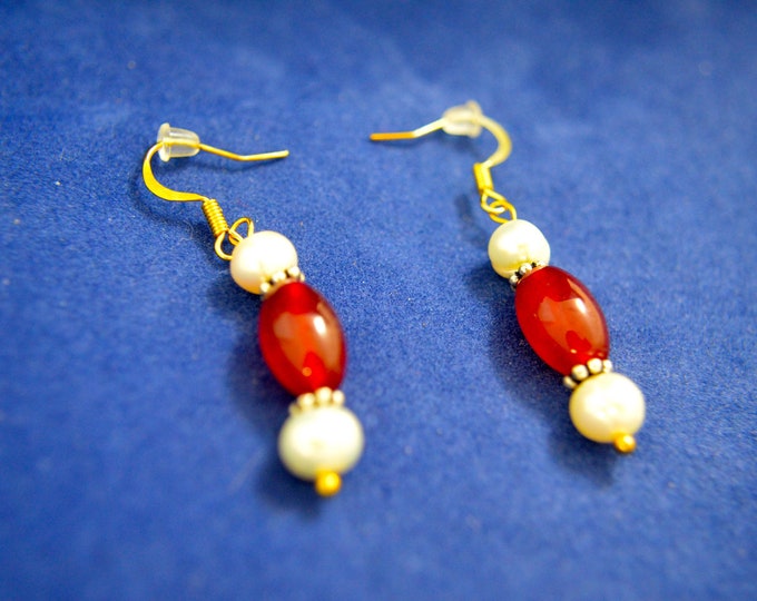 Natural Pearl and Ruby Gem Bead Earrings, 2 Inches Long, Gold Plate E80