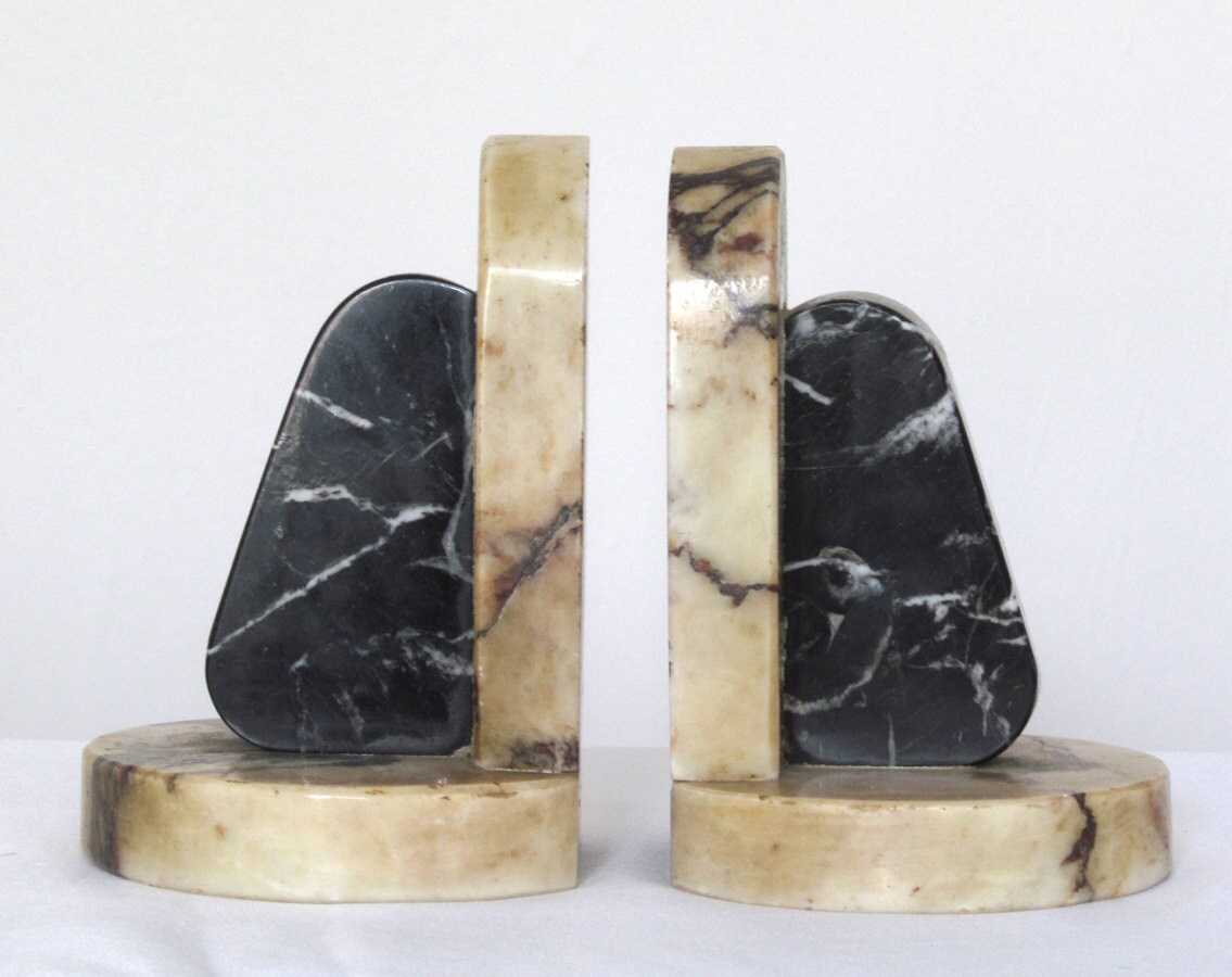 Art Deco Marble Bookends black and brown marble round