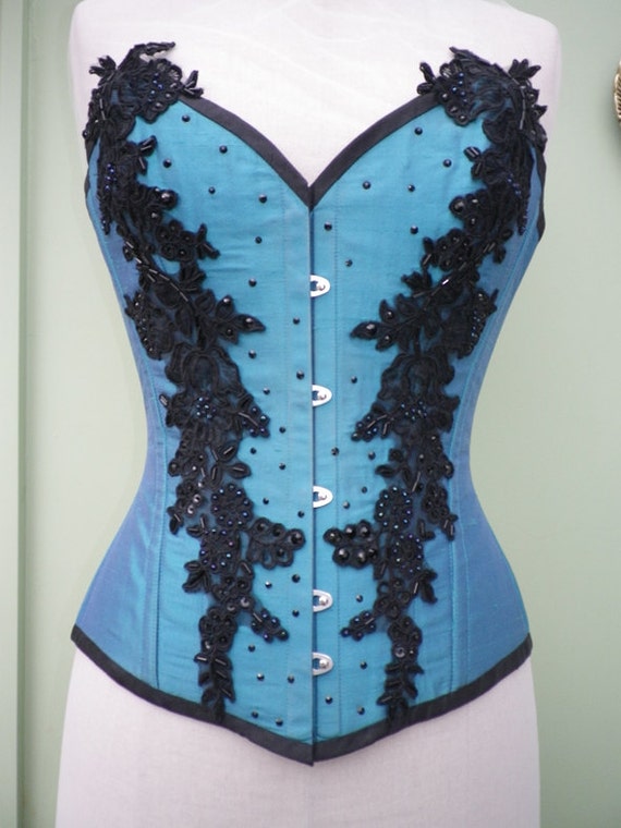 Handmade Overbust Corset & Knickers Peacock Blue Silk with
