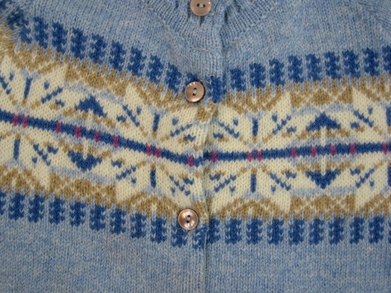 light blue fair isle cardigan / button front wool sweater S
