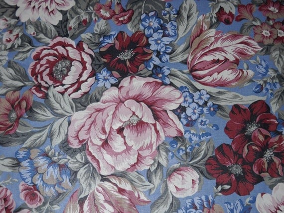 Vintage Romantic Blue Cabbage Rose Floral Chintz Fabric 55x65