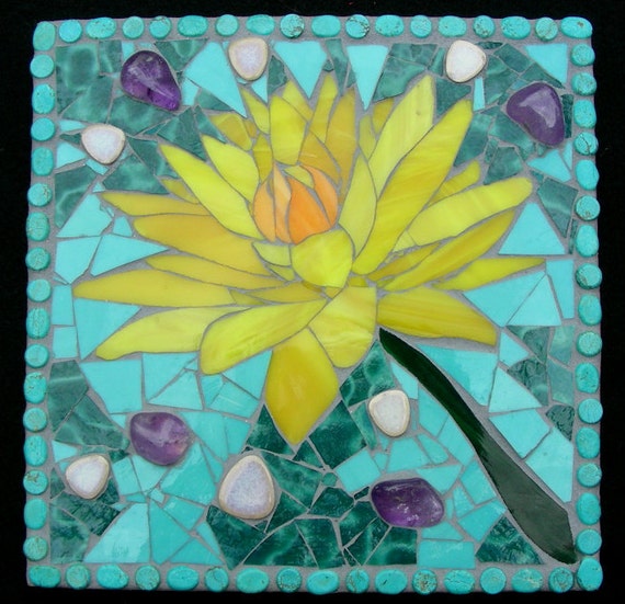 Stained glass mosaic Yellow Water Lily with Aqua