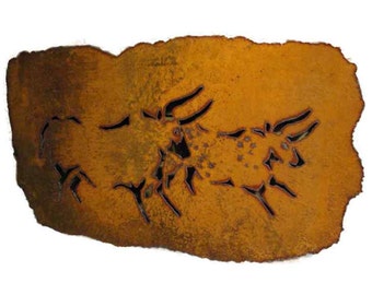 Lascaux bulls rustic sheet metal wall art made-to-order