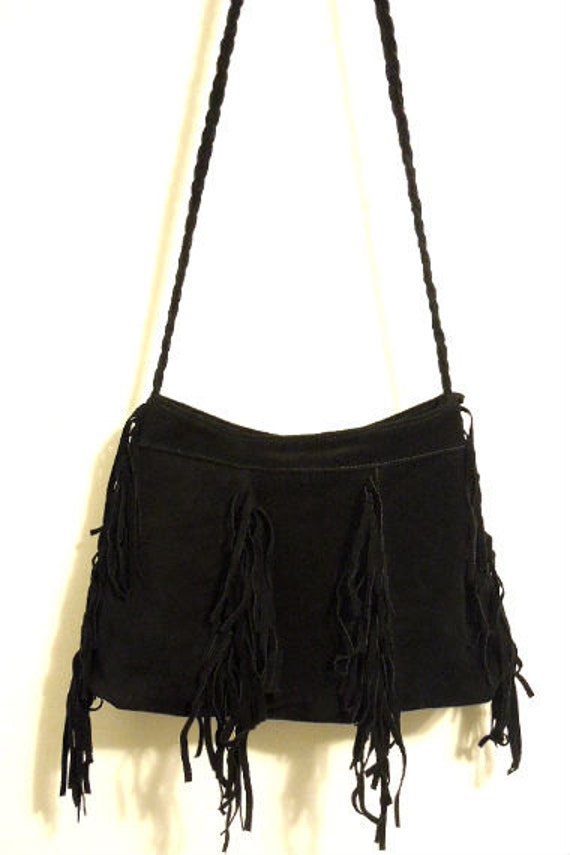 Small medium Black Cow Suede leather purse with fringe.