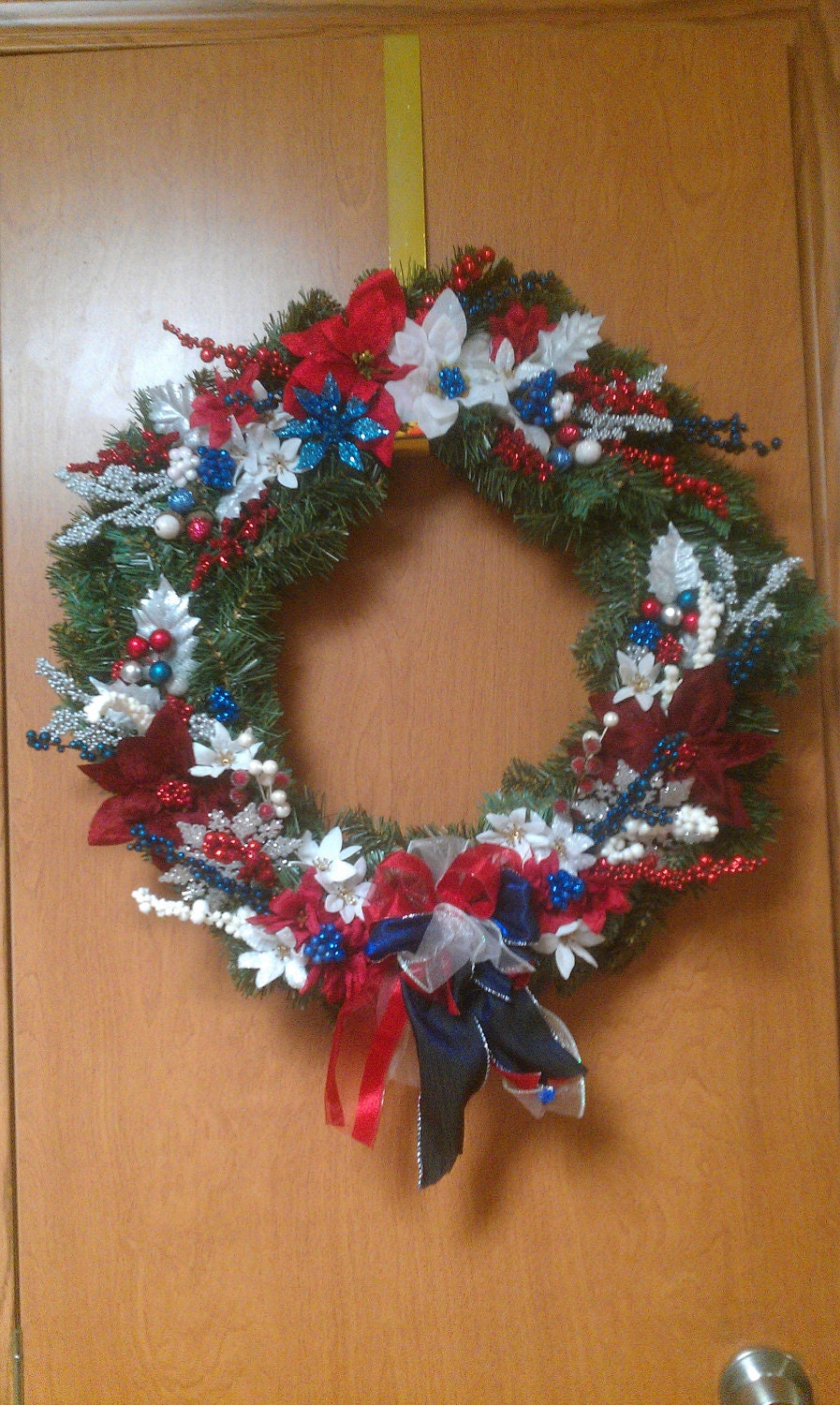 Red, White and Blue Christmas Wreath with handmade bow.