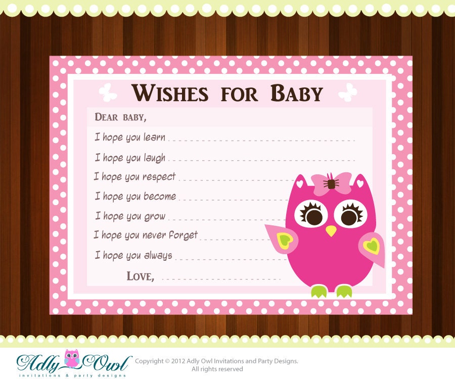 baby photo cards shower Shower Card Advice DIY Printable Owl Baby Wish and Pink Girl