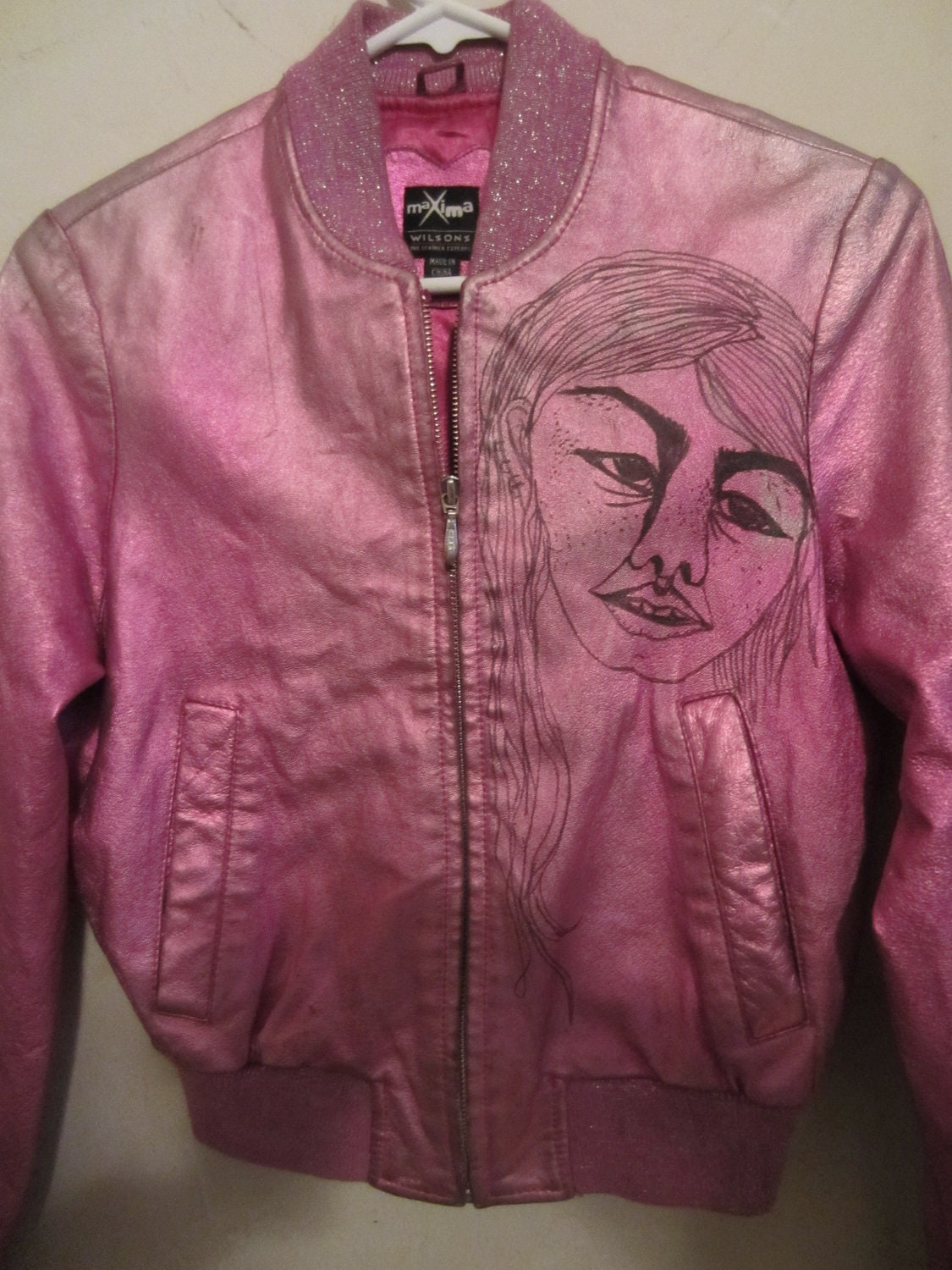 unique altered 80's pink leather jacket with art sm/md/lg