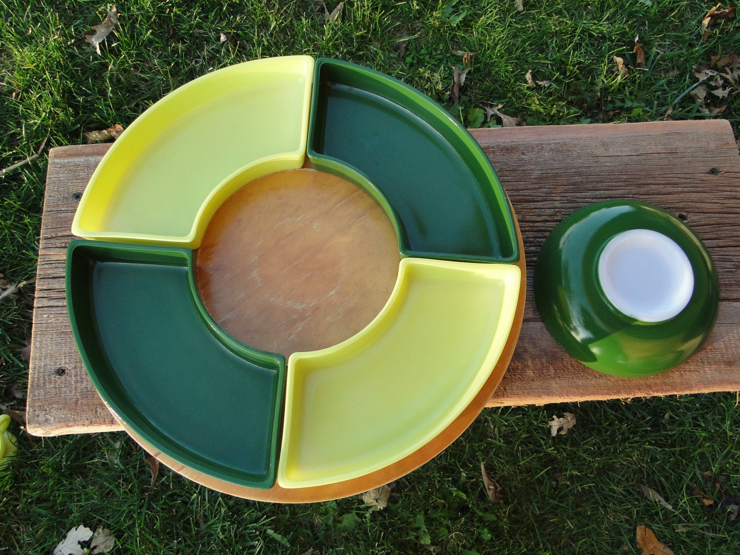 Vintage milk glass lazy susan divided relish tray on wooden