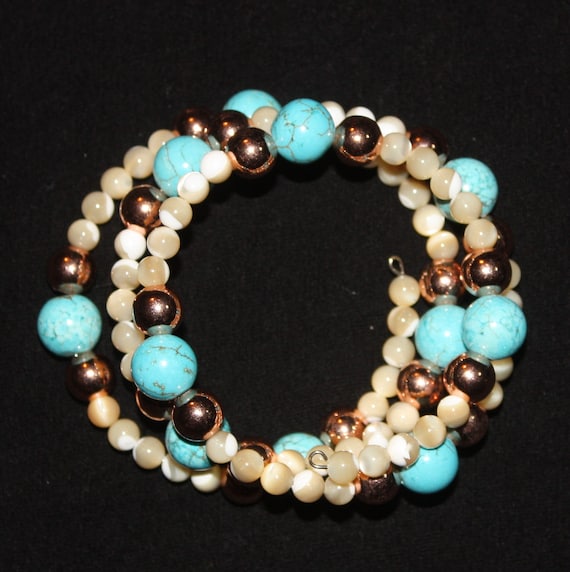 Blue Magnesite Mother of Pearl and Copper Beaded Bracelet