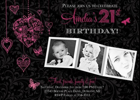 21st Birthday Pink and Black Photo Invitation Il_570xn