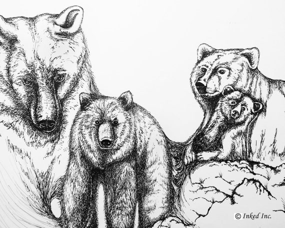 Printable Bear Family Pen and Ink Original Drawing in by InkedInk