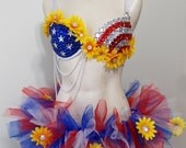 American Flag- Rave bra, Rhinestones, Daisies, Pearls W/Led lights and Tutu