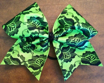 Cheer Bow - Neon Green and Lace
