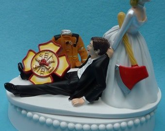 Wedding Cake Topper Firefighter Fireman Logo Uniform Axe Themed w/ Bridal Garter Bride Groom Fire Jacket Tribute Funny Reception Centerpiece