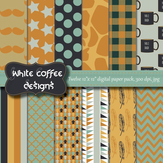 Printable paper, Father's day, Digital Scrapbook Paper, Mustache, Arrow, Feathers, Chevron, Quatrefoil, Orange, Blue Paper, Instant download Il_570xn