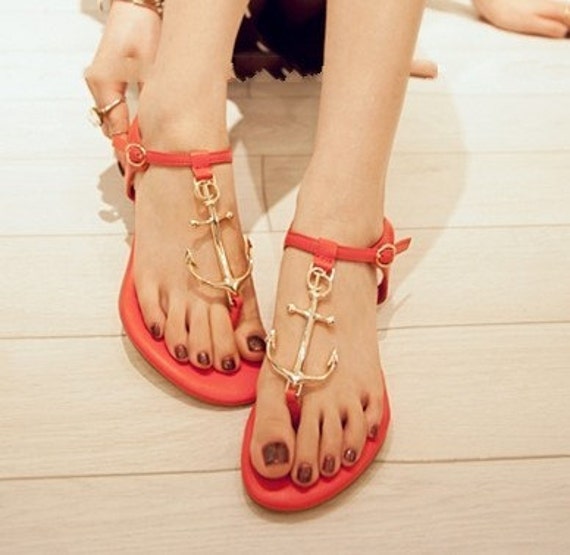 black red blue Leather flat sandals  sandasl shoes  anchor  women shoes women  flat shoes low sandal shoes