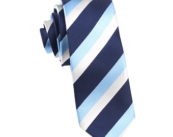 Mens Linen Skinny Tie 6CM Navy Blue Chambray Design by OTAA