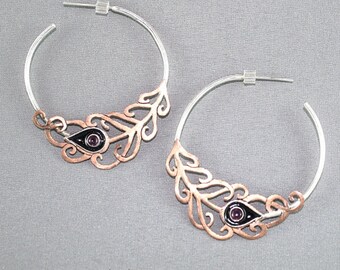 Peacock Feather earrings. Big silver hoop earrings. Delicate earrings. Bohemian earrings