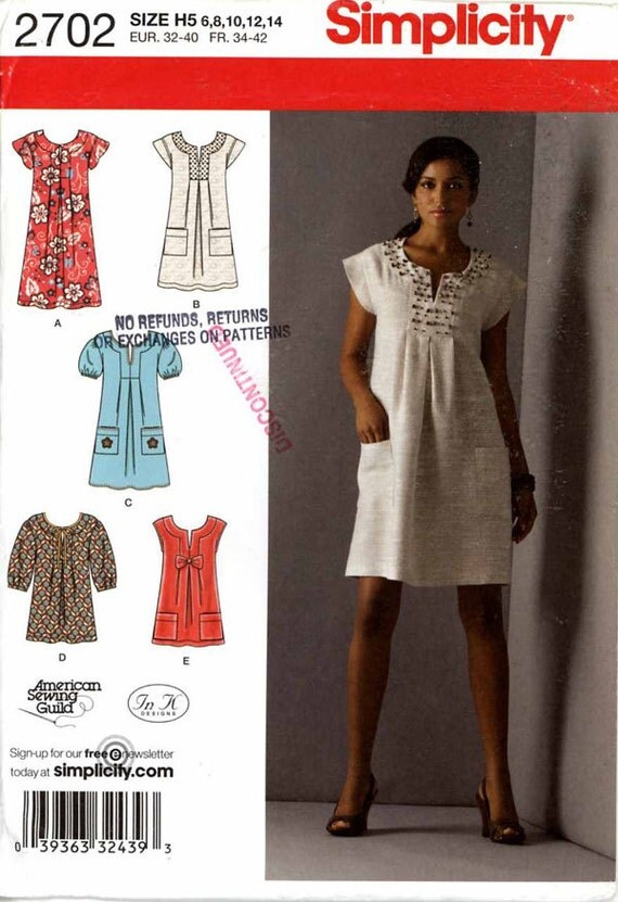 Summer casual dress or tunic sewing pattern Simplicity 2702 Sz