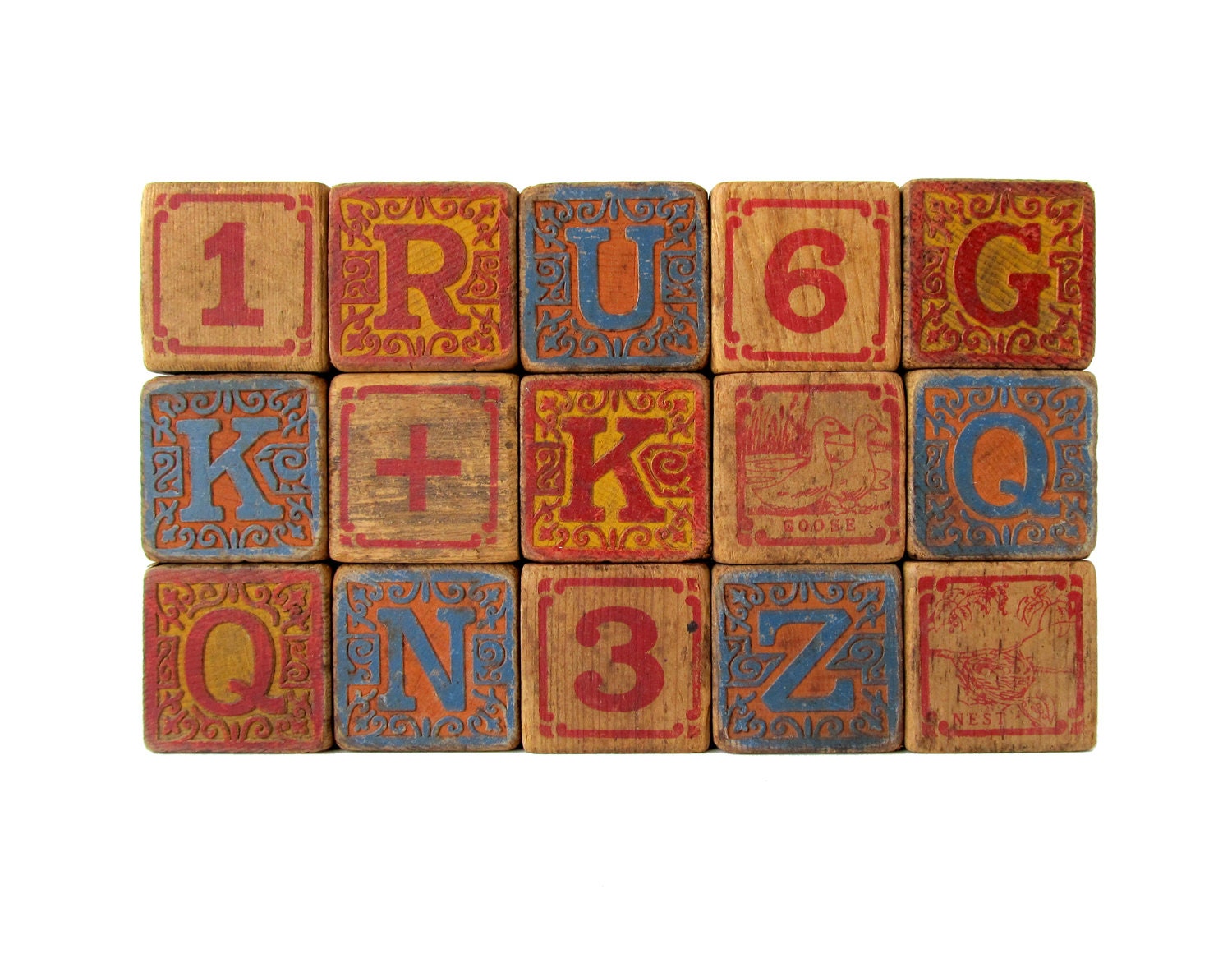 Antique ALPHABET Blocks Set of 15 Embossed Wooden Blocks