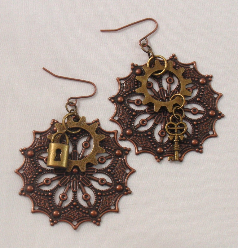 Victorian Romance Steampunk Earrings Ornate Pendant Gears Keys Locks by Annie O steampunk buy now online