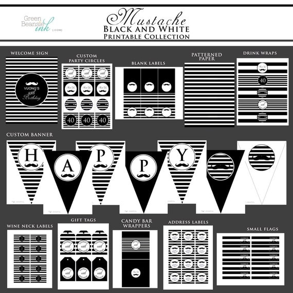 MUSTACHE Black and White Printable Party Decor Package and Invitation Il_570xn