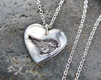 My little chickadee necklace - handmade fine silver heart charm with bird stamp on a sterling silver chain - free shipping in USA