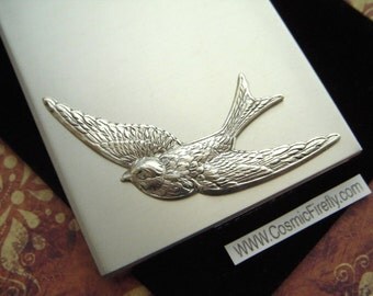 Silver Bird Flask Industrial Steampunk Style Retro Vintage Inspired Rectangular Square Edges Silver Stainless Steel