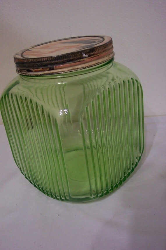 Hoosier Green Depression Glass Jar 64 oz. Container with lid.
