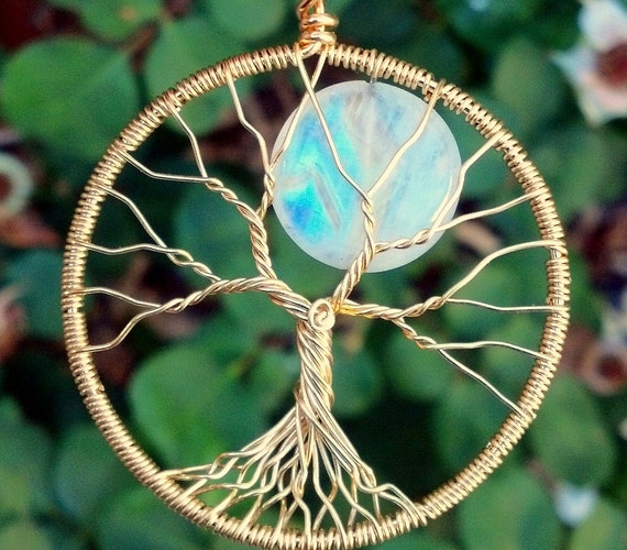 Solid 18k Gold Tree of Life Pendant with Gorgeous Rainbow Moonstone by Ethora