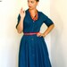 Sale-- Vintage 50s Navy Blue Cotton Day Dress Miss Colette Full Sweep Pintuck Retro Housewife 1950s to 60s MAD MEN Button Down Frock