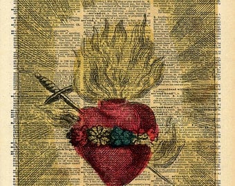 Vintage Book Art Print - Antique Sacred Heart Art - Upcycled Antique Book Print - Dark Gothic Art - Catholic Art Print