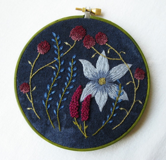 Wild Garden Embroidery Hoop Art Wall Hanging Blue Pink