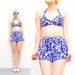 70s Blue Tropical Print Bikini - Hawaiian High Waist Bombshell Two Piece Swimsuit - 1970s Maxine of Hollywood Swim - Skirted Pin Up - S