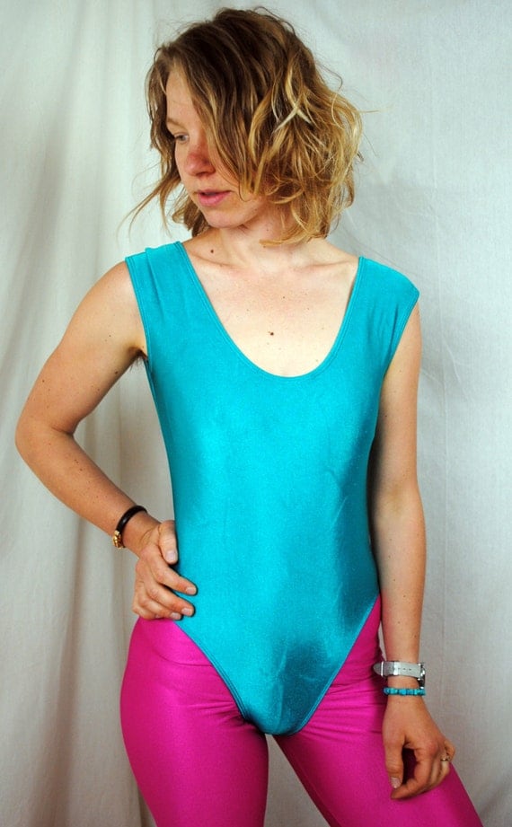 Vintage 80s Shiny Teal Leotard 6056