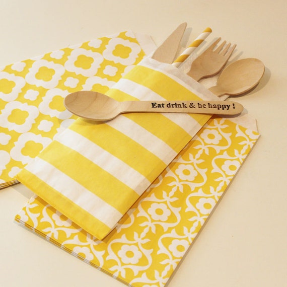 Silverware Bags, 20 Yellow Sailor Stripe Cutlery Bags, Paper Bags, Party, Table Setting, Buffet Bags, Weddings, Favors, Utensil Bags Il_570xn