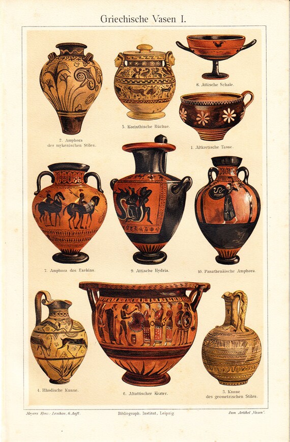 1906 Antique vases print greek pottery brown and black