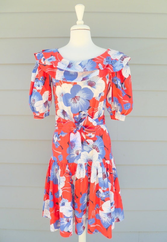 Vintage red blue and white floral midi drop waist dress