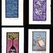 linocut print ,4 small limited edition art bird prints by Mariann Johansen-Ellis blue, pink , black, purple